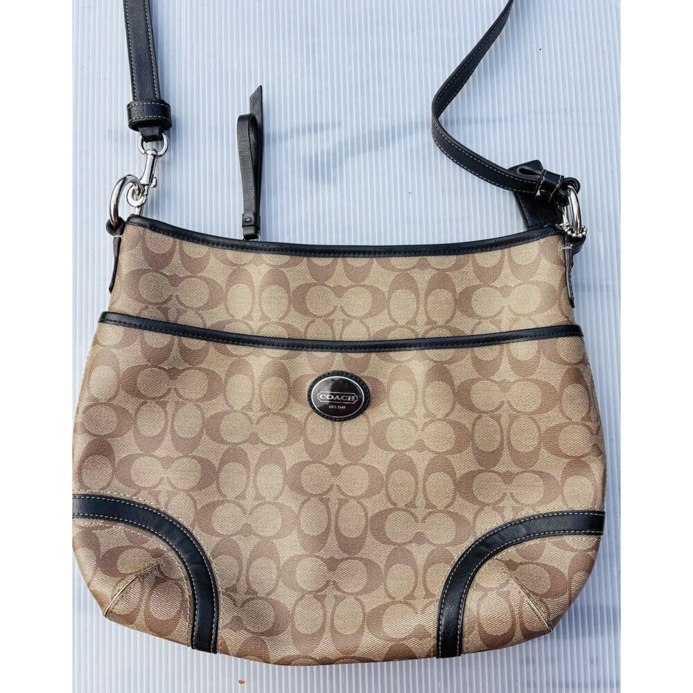 COACH Signature Logo Shoulder Bag Women's Brown Coated Canvas Leather Bag $399 - Picture 2 of 10